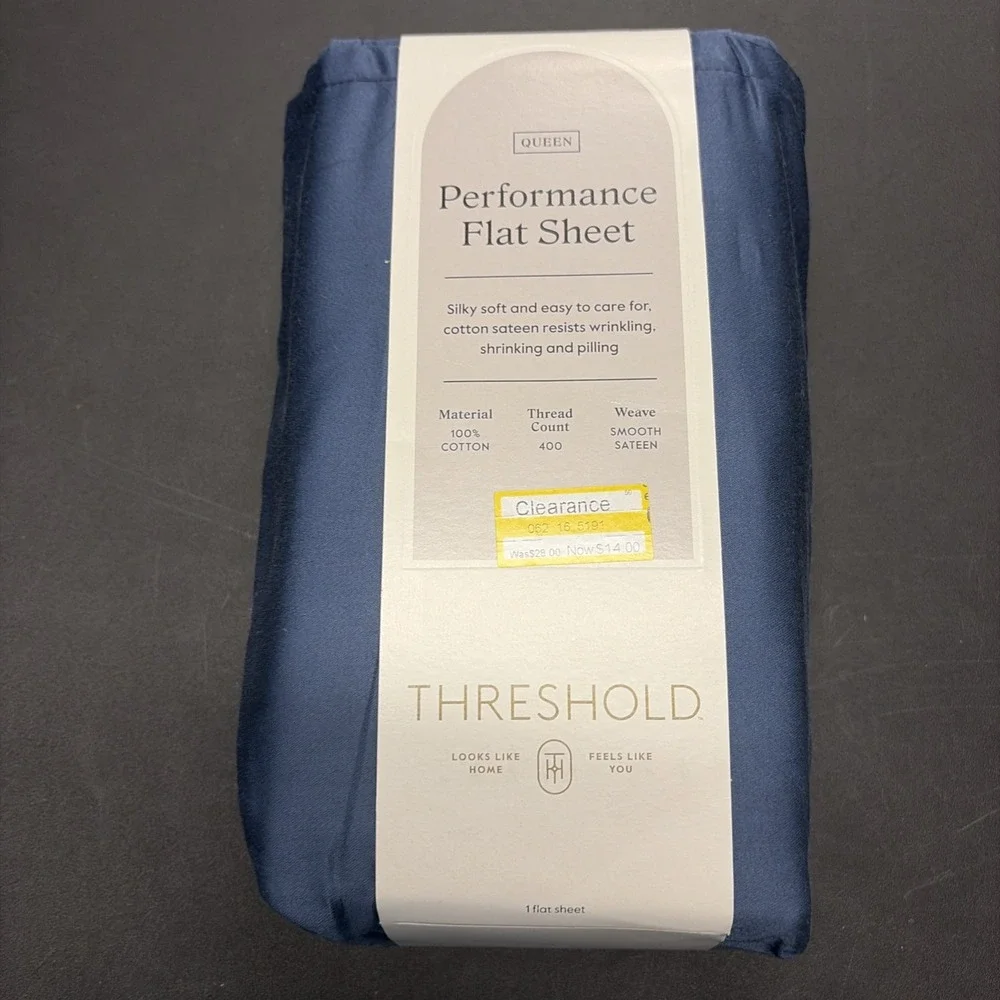 Threshold Performance Cotton Sateen QUEEN Flat Sheet Blue 400 TC Smooth 20650